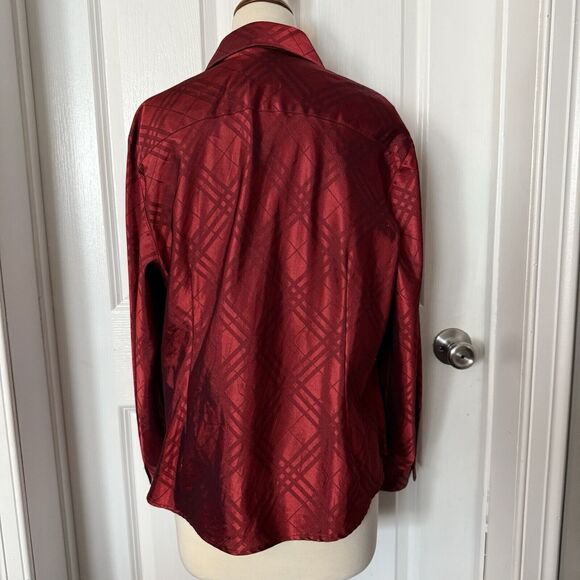 Coldwater Creek Red Zip Front Blouse PXL Plaid Collar Holiday Christmas Shiny - Picture 2 of 11